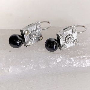 Silver floral textured & grey faux pearl lever back earrings